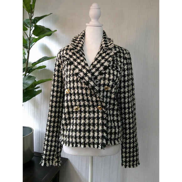 NWT House of Harlow 1960 Plaid Tweed Fringe Blazer Women’s-Large Old Money Chic - Picture 2 of 10